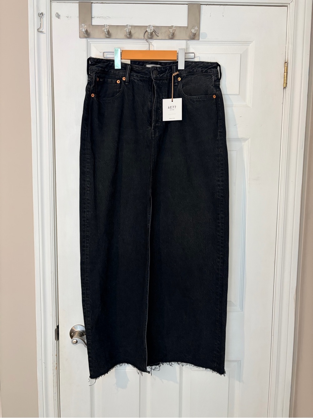 American Eagle Outfitters Black Maxi Denim Skirt with Frayed Hem